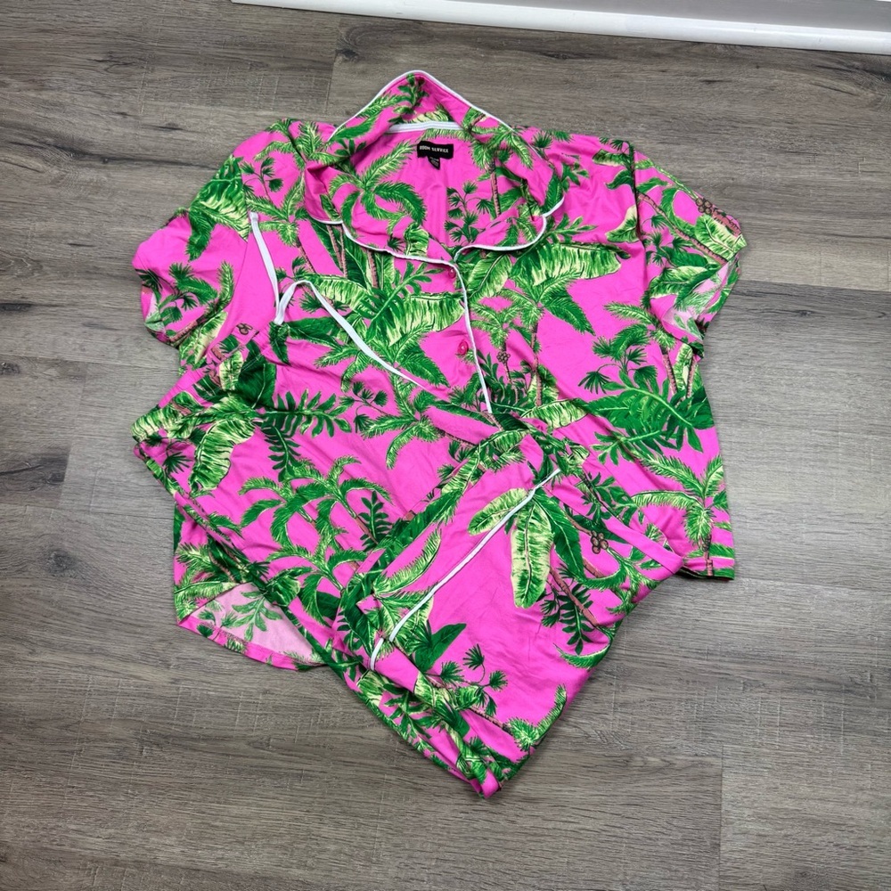 Room Service PJ Pajama Set Pink & Green Palm XXL Cozy Soft Loungewear Tropical - Picture 2 of 12